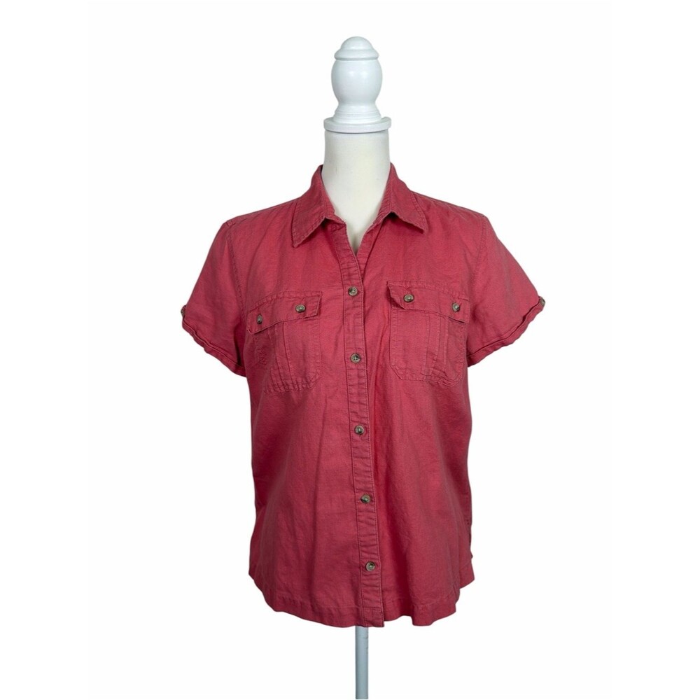 Columbia Coral Pink Linen Cotton Button Front Shirt Large Safari Utility Camp